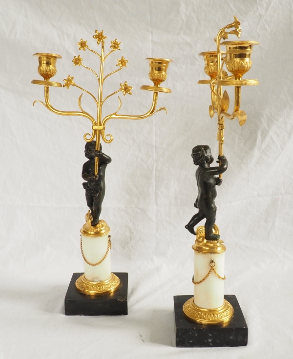 Pair of Empire ormolu, patinated bronze and marble candelabras, 19th century