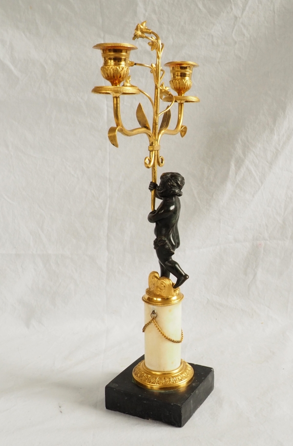 Pair of Empire ormolu, patinated bronze and marble candelabras, 19th century