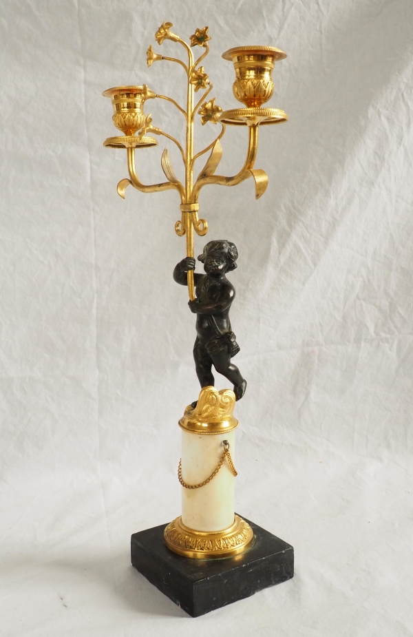 Pair of Empire ormolu, patinated bronze and marble candelabras, 19th century