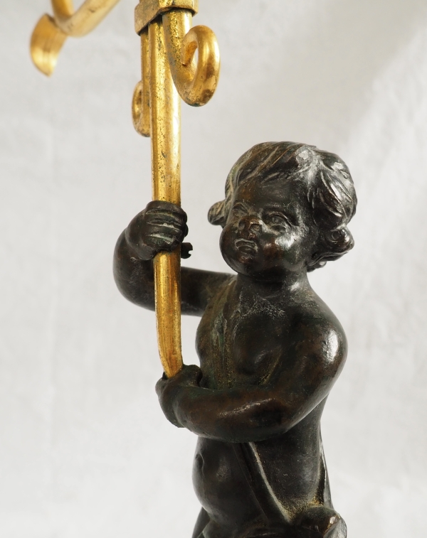 Pair of Empire ormolu, patinated bronze and marble candelabras, 19th century