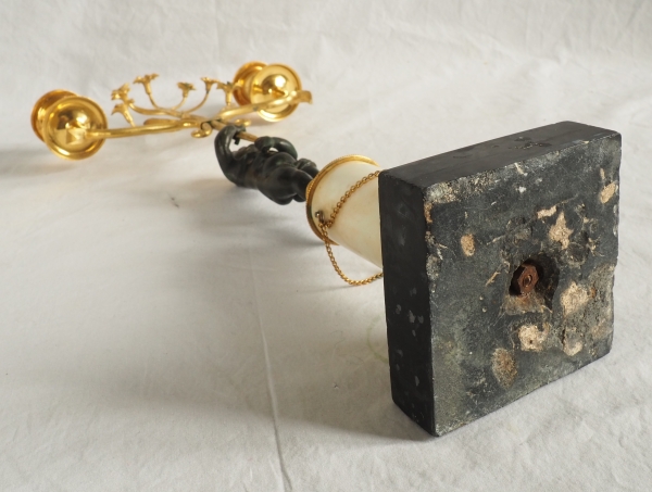 Pair of Empire ormolu, patinated bronze and marble candelabras, 19th century