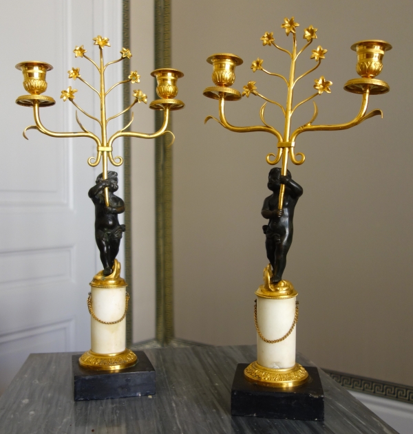 Pair of Empire ormolu, patinated bronze and marble candelabras, 19th century