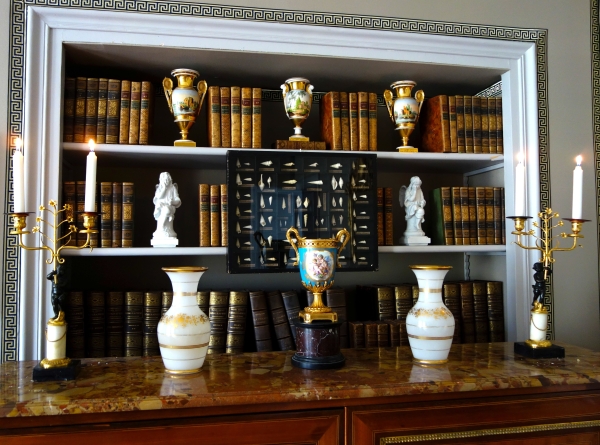 Pair of Empire ormolu, patinated bronze and marble candelabras, 19th century