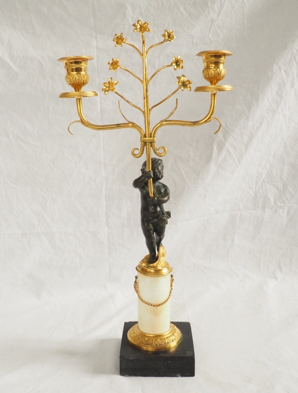 Pair of Empire ormolu, patinated bronze and marble candelabras, 19th century