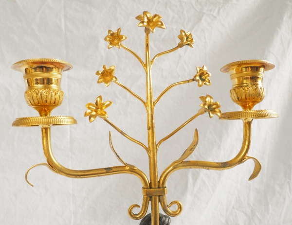 Pair of Empire ormolu, patinated bronze and marble candelabras, 19th century