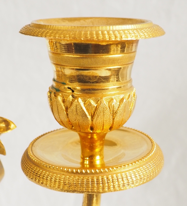 Pair of Empire ormolu, patinated bronze and marble candelabras, 19th century