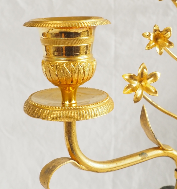 Pair of Empire ormolu, patinated bronze and marble candelabras, 19th century