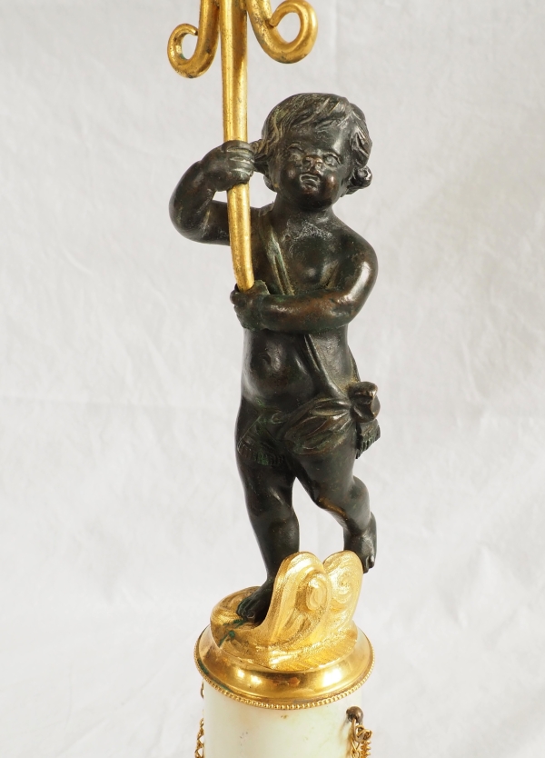 Pair of Empire ormolu, patinated bronze and marble candelabras, 19th century