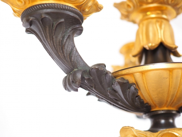 Paire de candélabres 4 feux en bronze doré et patiné d'époque Restauration - style Empire -1830