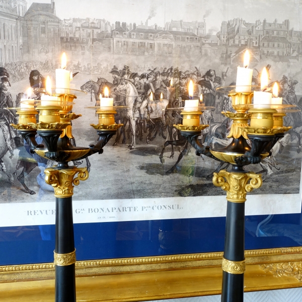 Paire de candélabres 4 feux en bronze doré et patiné d'époque Restauration - style Empire -1830