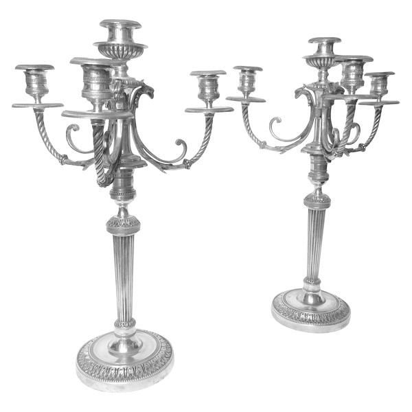 Pair of silver plated bronze candelabras, Fontainebleau candlesticks pattern - 19th century