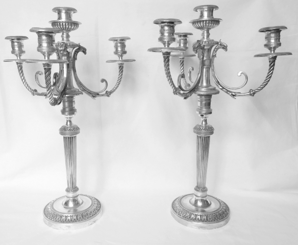 Pair of silver plated bronze candelabras, Fontainebleau candlesticks pattern - 19th century