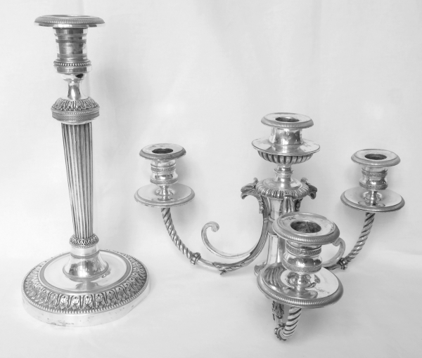 Pair of silver plated bronze candelabras, Fontainebleau candlesticks pattern - 19th century