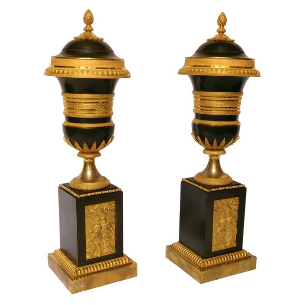 Pair of patinated bronze and ormolu cassolette candlesticks, Empire production - Thomire