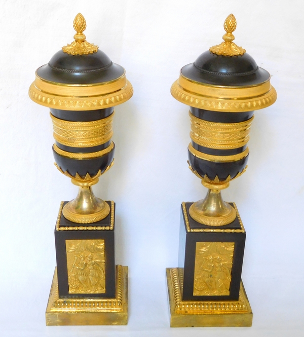 Pair of patinated bronze and ormolu cassolette candlesticks, Empire production - Thomire