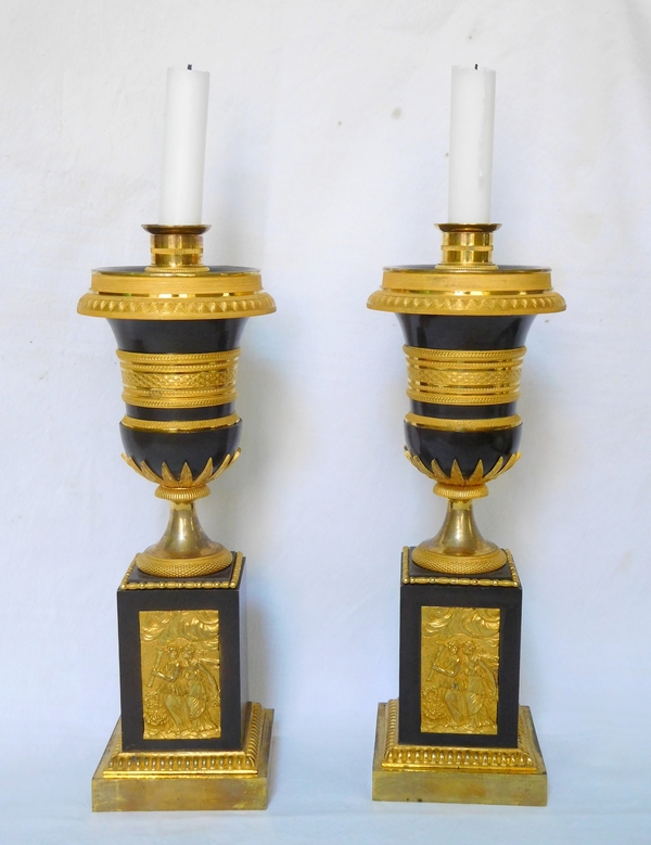 Pair of patinated bronze and ormolu cassolette candlesticks, Empire production - Thomire