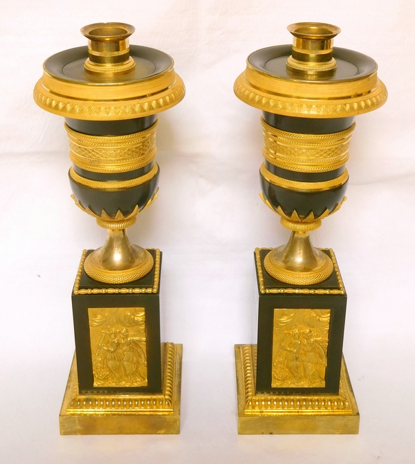 Pair of patinated bronze and ormolu cassolette candlesticks, Empire production - Thomire