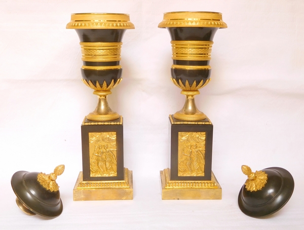Pair of patinated bronze and ormolu cassolette candlesticks, Empire production - Thomire