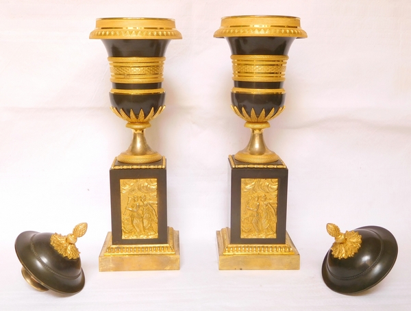 Pair of patinated bronze and ormolu cassolette candlesticks, Empire production - Thomire