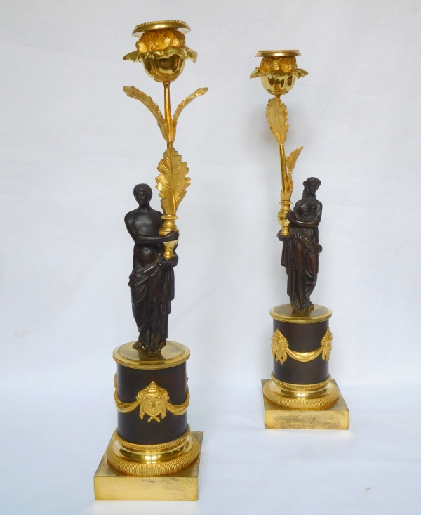 Pair of Empire ormolu & patinated bronze candelabra, early 19th century