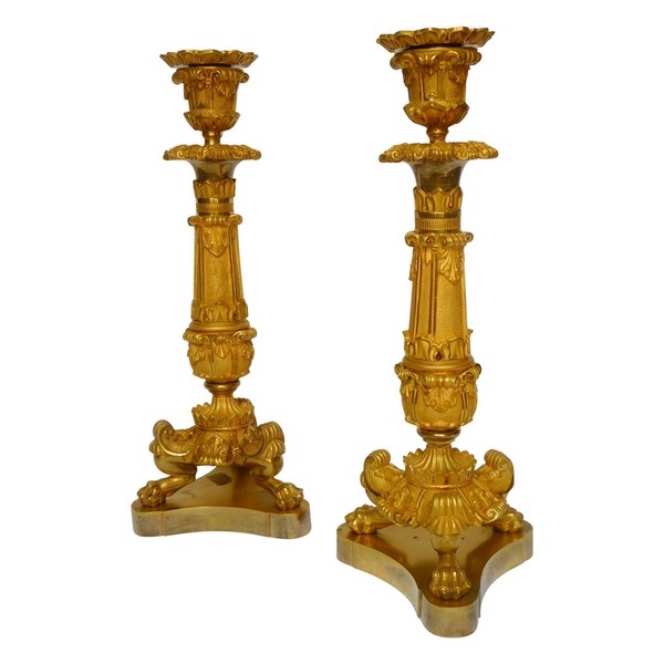 Pair of tripod ormolu candlesticks, Empire style, early 19th century circa 1830