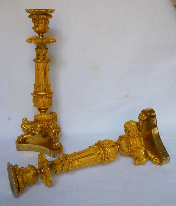 Pair of tripod ormolu candlesticks, Empire style, early 19th century circa 1830