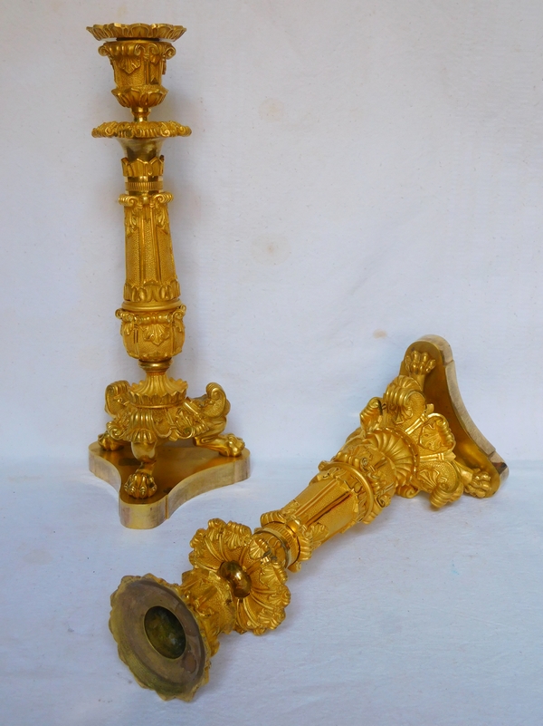 Pair of tripod ormolu candlesticks, Empire style, early 19th century circa 1830