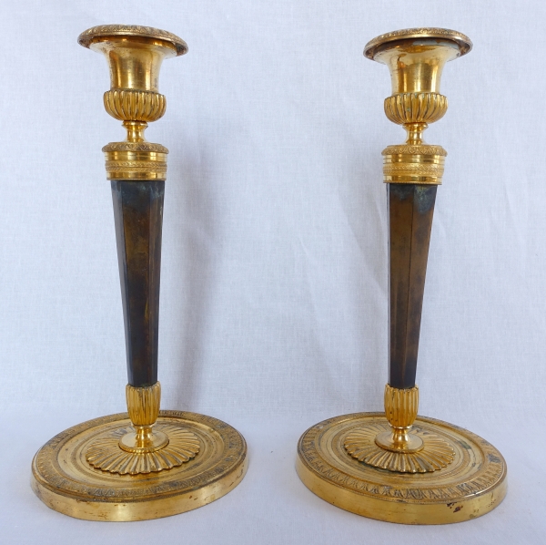 Pair of Empire ormolu and patinated bronze candlesticks attributed to Ravrio
