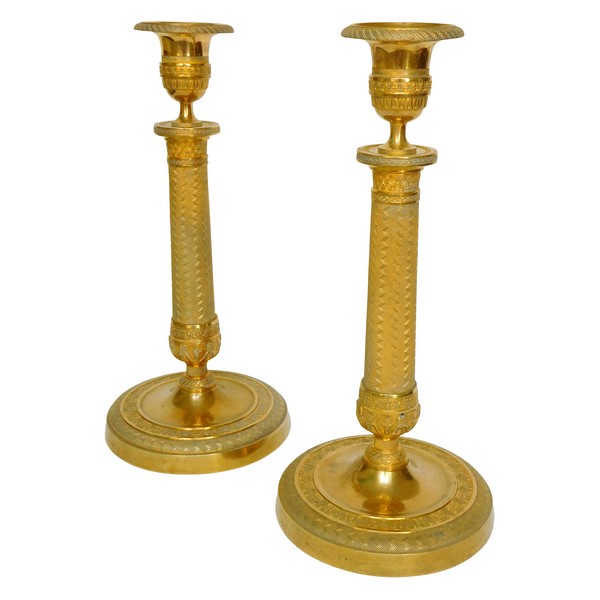 Pair of Empire ormolu candlesticks, mercury gilt bronze, early 19th century - 26.5cm