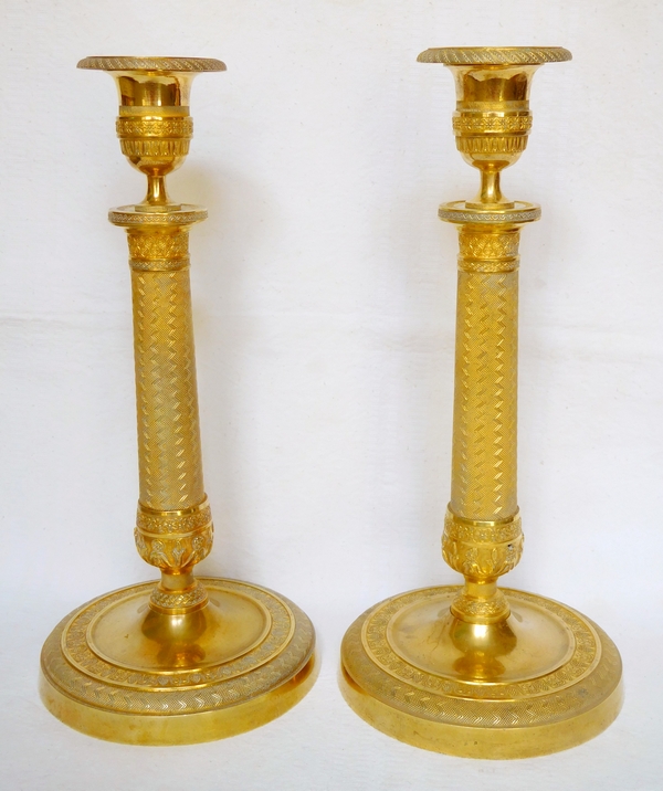 Pair of Empire ormolu candlesticks, mercury gilt bronze, early 19th century - 26.5cm