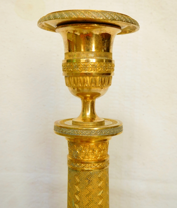 Pair of Empire ormolu candlesticks, mercury gilt bronze, early 19th century - 26.5cm