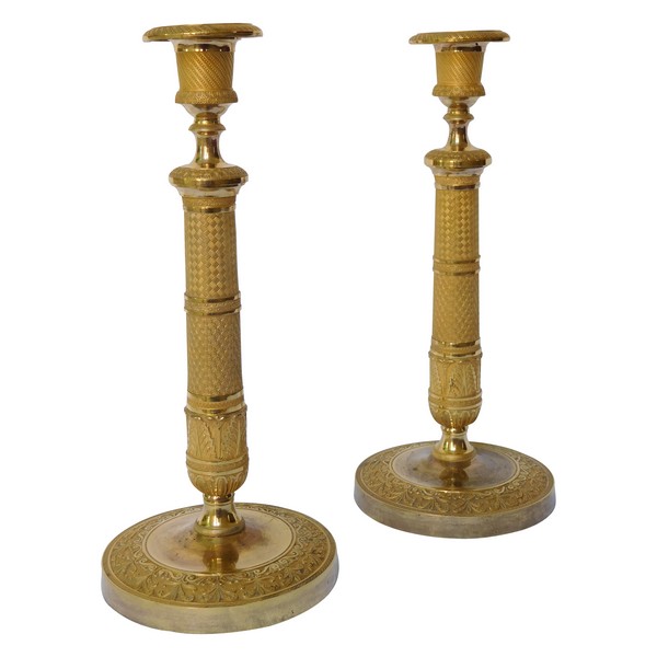 Pair of Empire ormolu candlesticks, mercury gilt bronze, early 19th century - 29,5cm