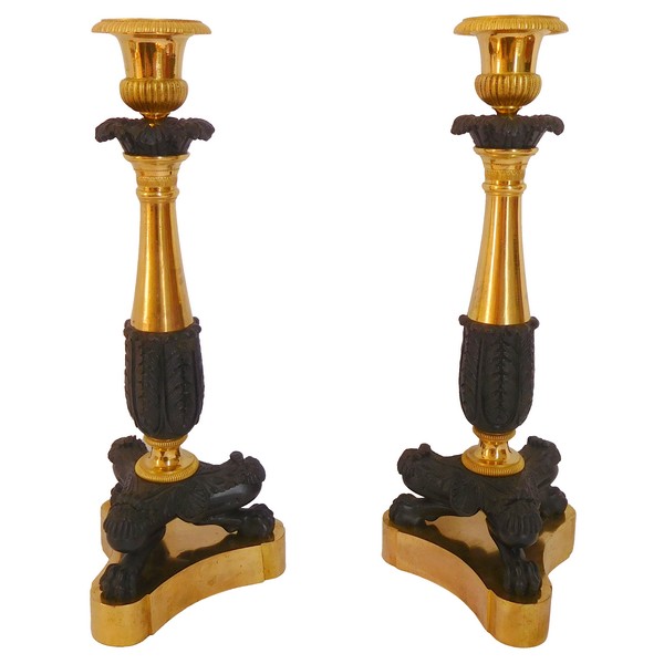 Pair of early 19th century ormolu & patinated bronze candlesticks