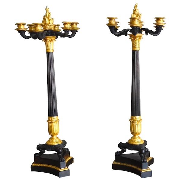 Paire de grands candélabres 6 feux en bronze patiné & doré mercure, époque Empire Restauration