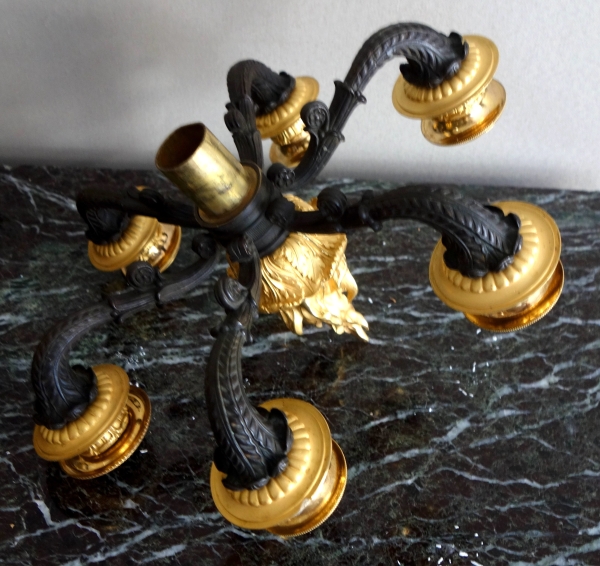 Paire de grands candélabres 6 feux en bronze patiné & doré mercure, époque Empire Restauration