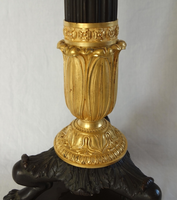 Paire de grands candélabres 6 feux en bronze patiné & doré mercure, époque Empire Restauration