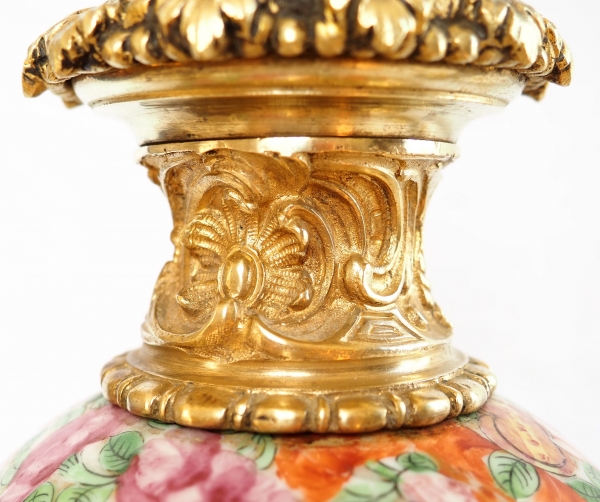 Pair of tall Canton porcelain and ormolu lamp bases or potiches