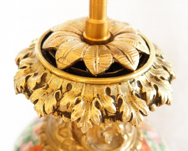Pair of tall Canton porcelain and ormolu lamp bases or potiches