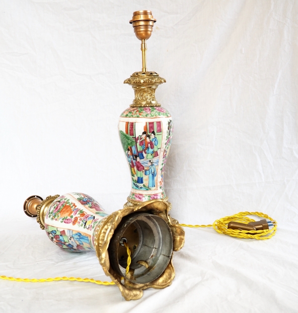 Pair of tall Canton porcelain and ormolu lamp bases or potiches