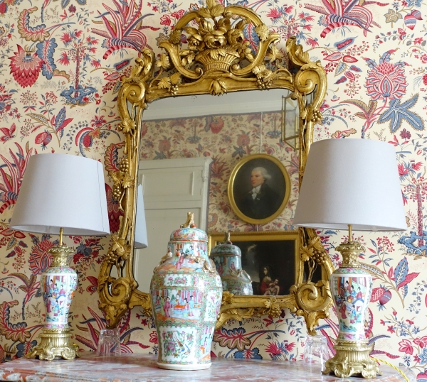 Pair of tall Canton porcelain and ormolu lamp bases or potiches