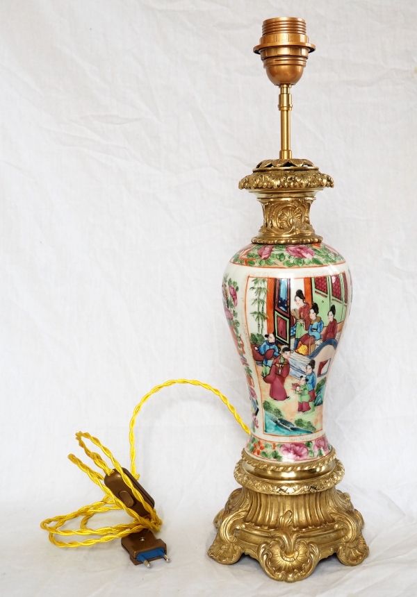 Pair of tall Canton porcelain and ormolu lamp bases or potiches