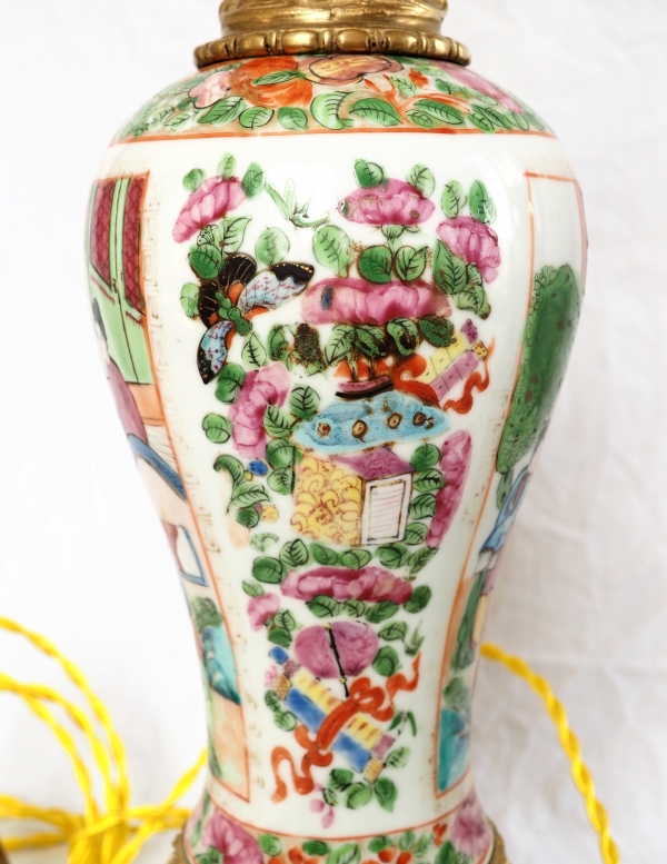 Pair of tall Canton porcelain and ormolu lamp bases or potiches