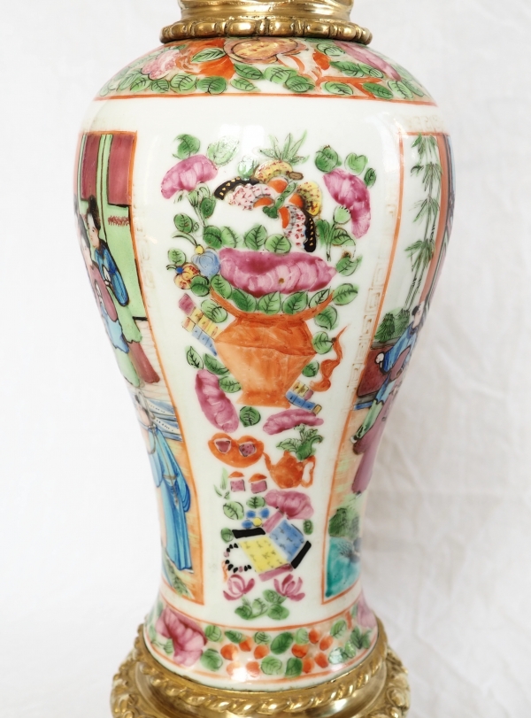 Pair of tall Canton porcelain and ormolu lamp bases or potiches