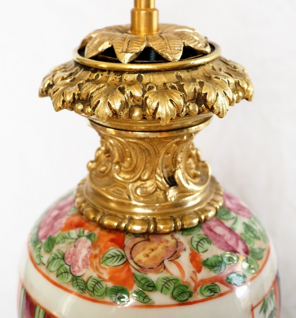 Pair of tall Canton porcelain and ormolu lamp bases or potiches