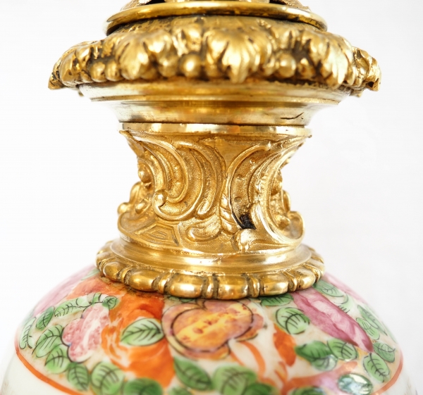 Pair of tall Canton porcelain and ormolu lamp bases or potiches
