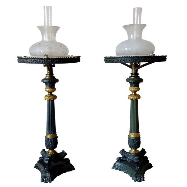 Pair of patinated bronze and ormolu Carcel lamps, early 19th century circa 1830