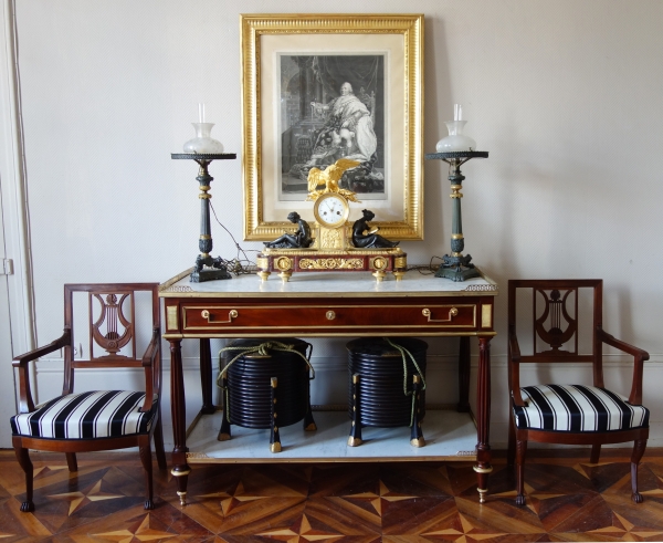 Pair of patinated bronze and ormolu Carcel lamps, early 19th century circa 1830