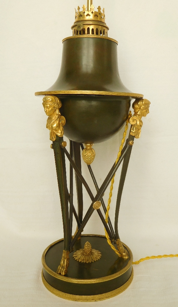 Grande lampe de bureau en bronze patiné et doré au mercure - époque Empire Restauration