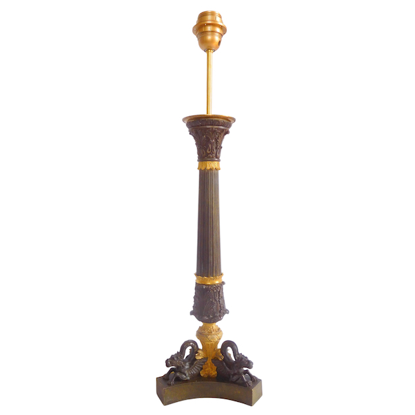 Tall Empire ormolu & patinated bronze lamp - 19th century - 64cm