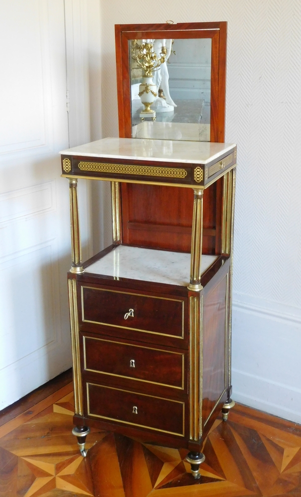 Barbière table de toilette d'époque Louis XVI Directoire en acajou moucheté